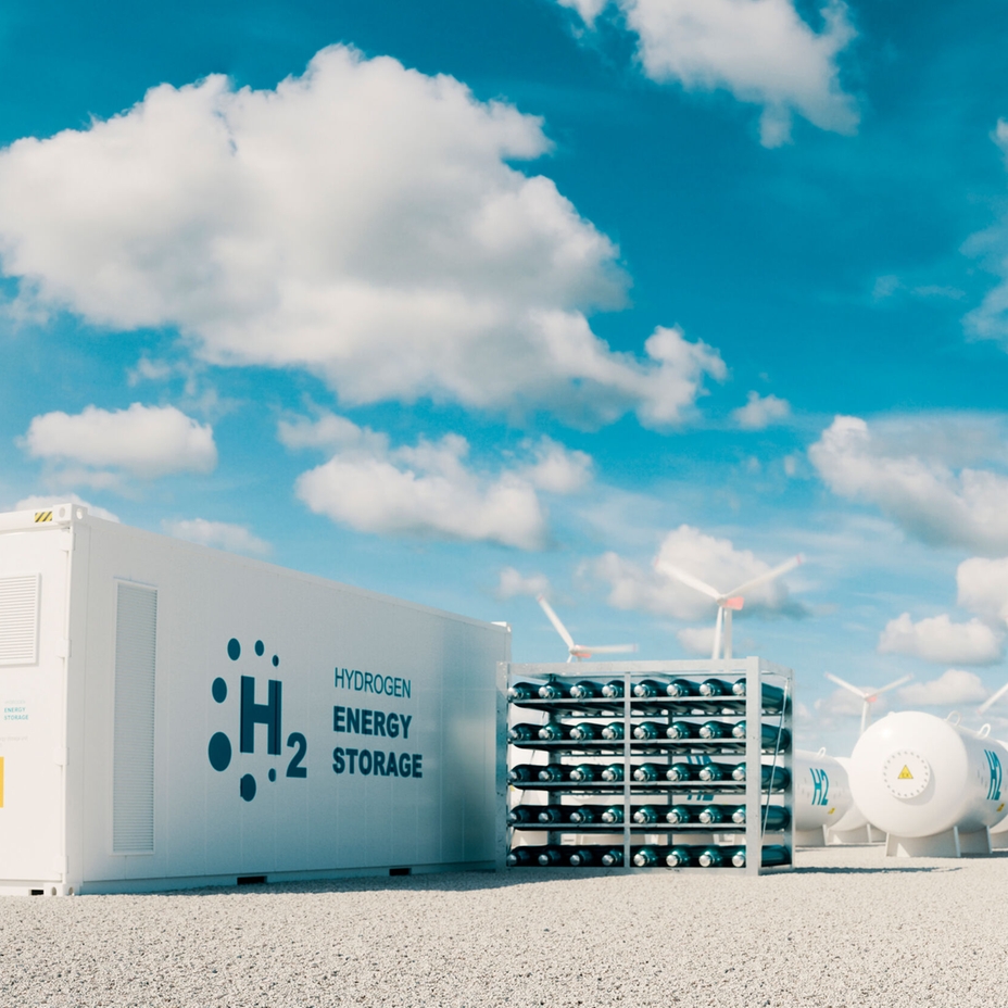 Modernes Wasserstoff-Energiespeichersystem mit Solarkraftwerk und Windkraftanlage